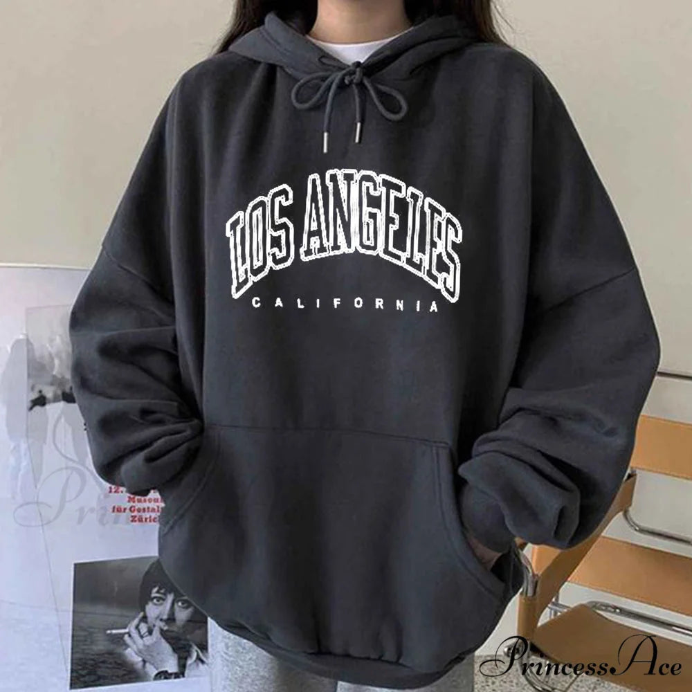 Los Angeles California Print Hoody Pullover MS-Dark Gray / S
