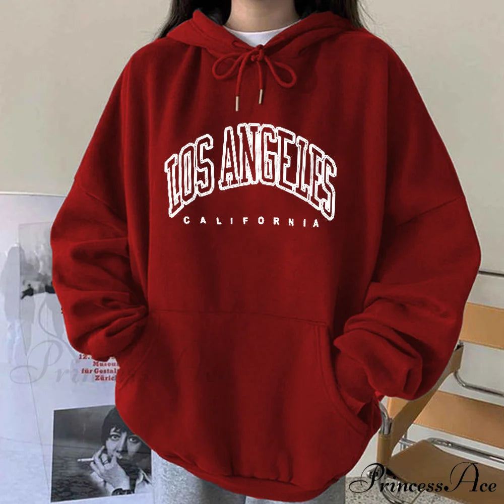 Los Angeles California Print Hoody Pullover MS-Red / S