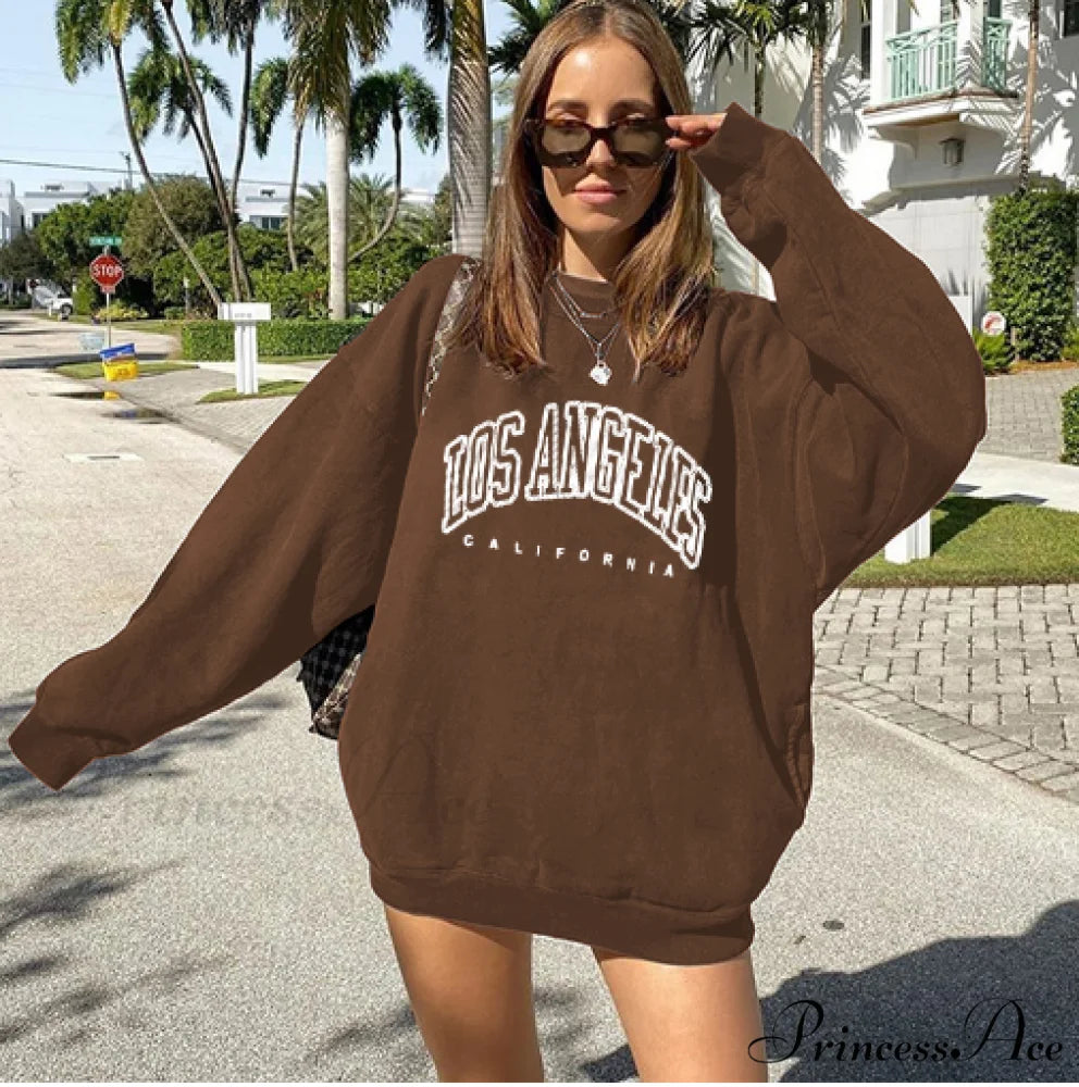 Los Angeles California Print Hoody Pullover WY-Coffee / S