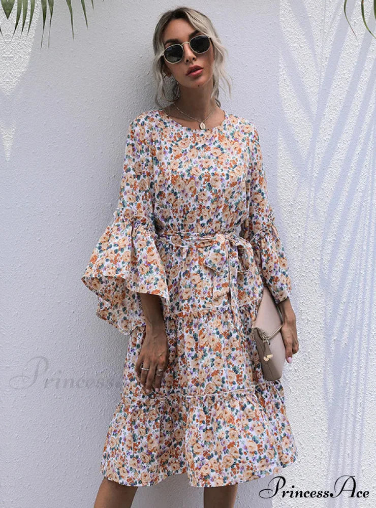 Lotus Leaf Floral Dress with Round Collar and Trumpet Sleeves S / sapphire blue