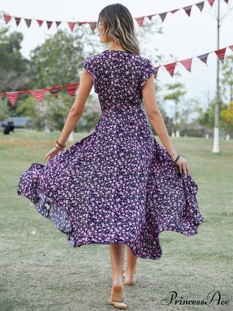 Lotus V-Neck Warm-Season Gown Coastal Low Sleeves Flowered High Straps Tank Foliage Dress L / GREEN