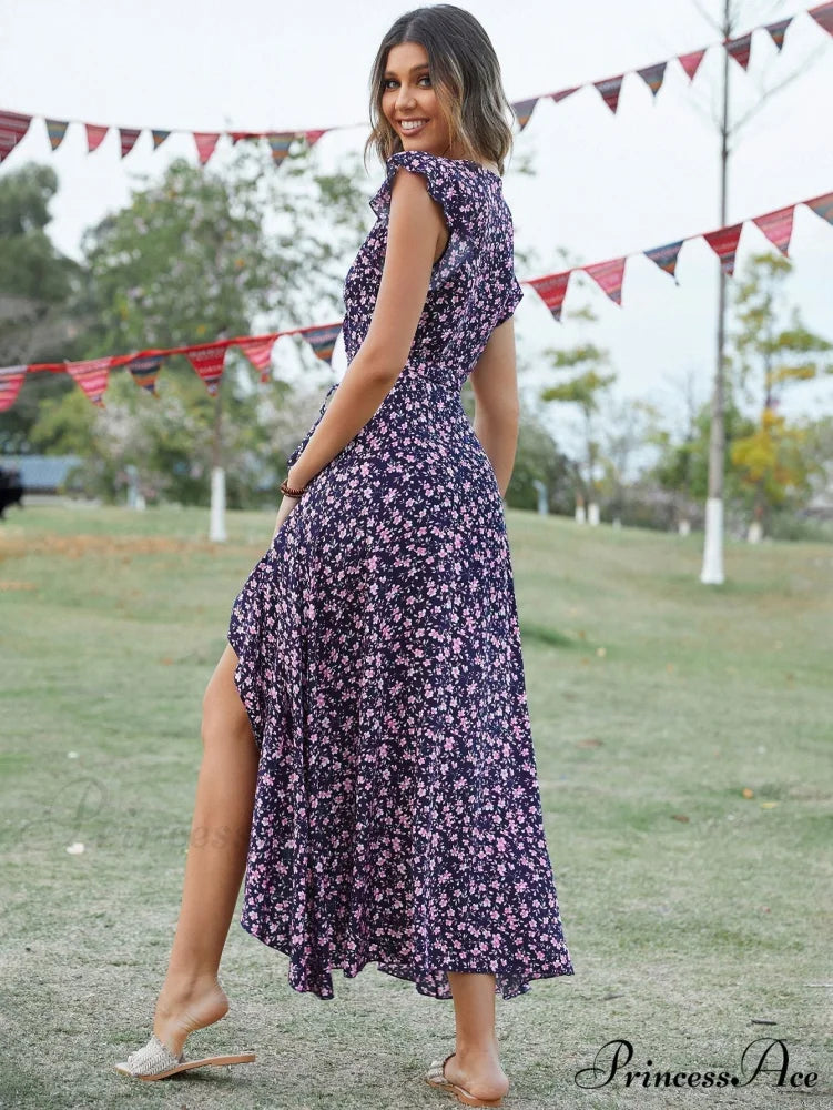 Lotus V-Neck Warm-Season Gown Coastal Low Sleeves Flowered High Straps Tank Foliage Dress L / PURPLE