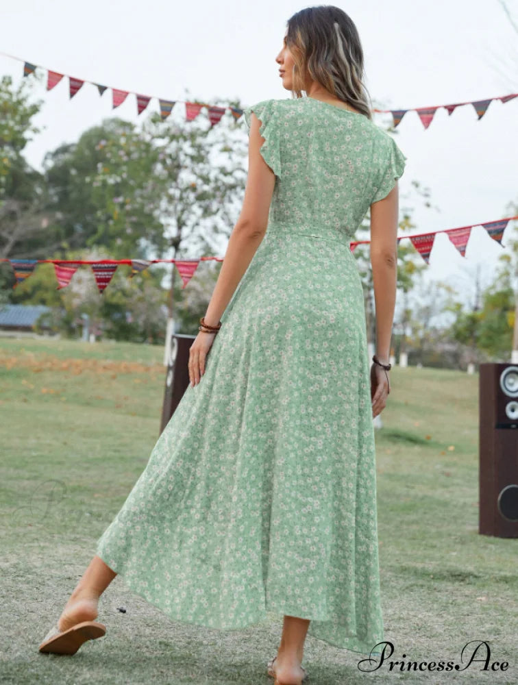 Lotus V-Neck Warm-Season Gown Coastal Low Sleeves Flowered High Straps Tank Foliage Dress M / GREEN