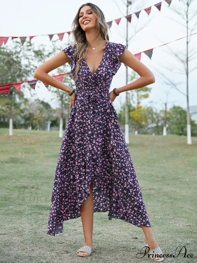 Lotus V-Neck Warm-Season Gown Coastal Low Sleeves Flowered High Straps Tank Foliage Dress M / PURPLE