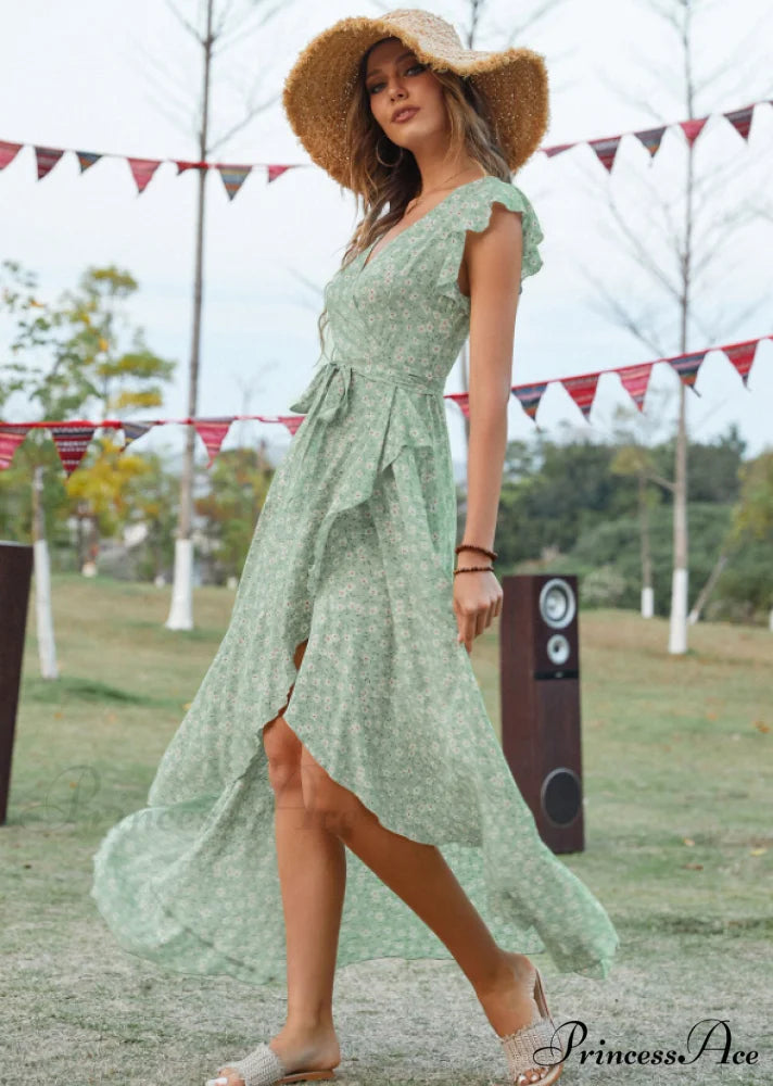 Lotus V-Neck Warm-Season Gown Coastal Low Sleeves Flowered High Straps Tank Foliage Dress S / PURPLE