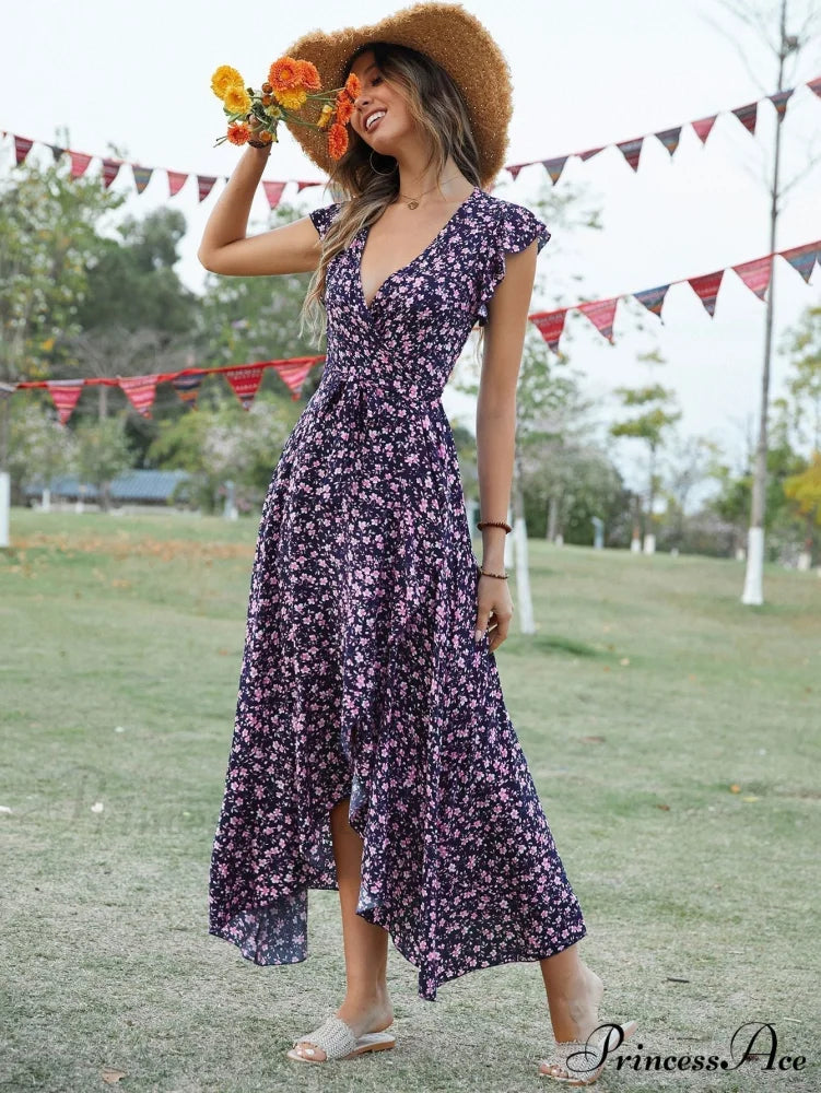 Lotus V-Neck Warm-Season Gown Coastal Low Sleeves Flowered High Straps Tank Foliage Dress XL / GREEN