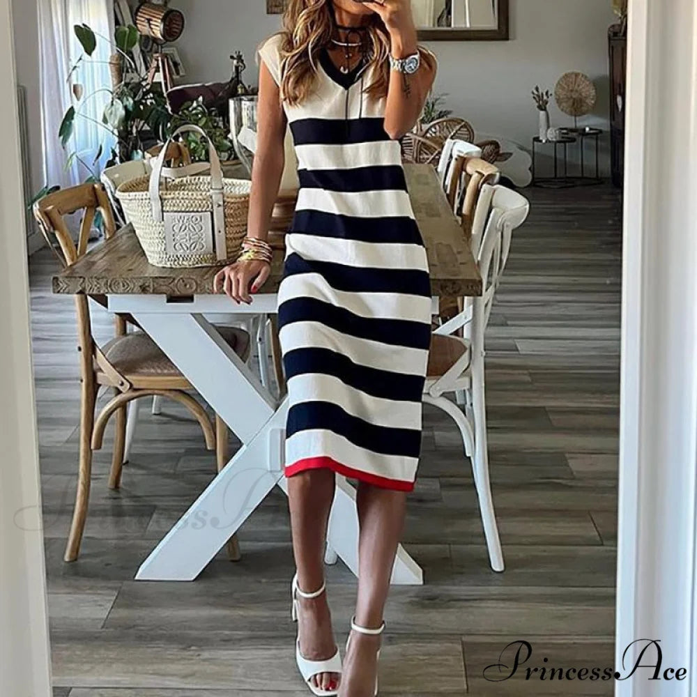 Loungewear Fashion Party Dress Modern Sleeveless Sexy Striped Ladies Dress 02 Black Striped / S