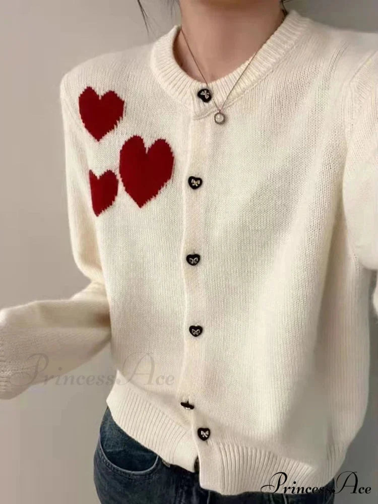 Love Print Vintage Sweet Cardigan Beige white / One Size