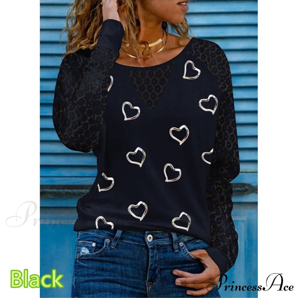 Love Printed Lace Long Sleeve Casual Tee Style1 / S
