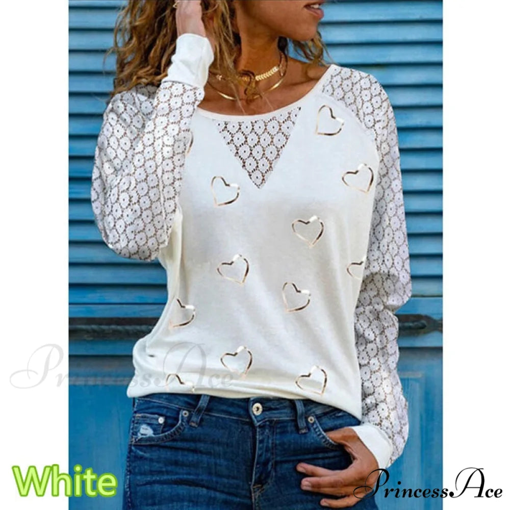 Love Printed Lace Long Sleeve Casual Tee Style10 / S