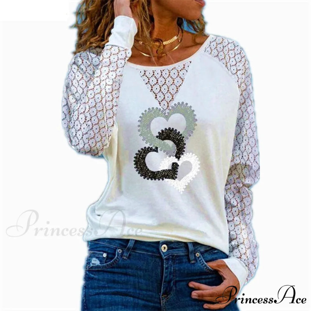 Love Printed Lace Long Sleeve Casual Tee Style4 / S