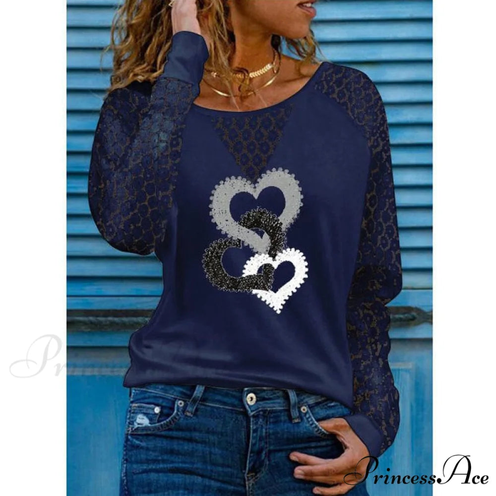 Love Printed Lace Long Sleeve Casual Tee Style5 / S