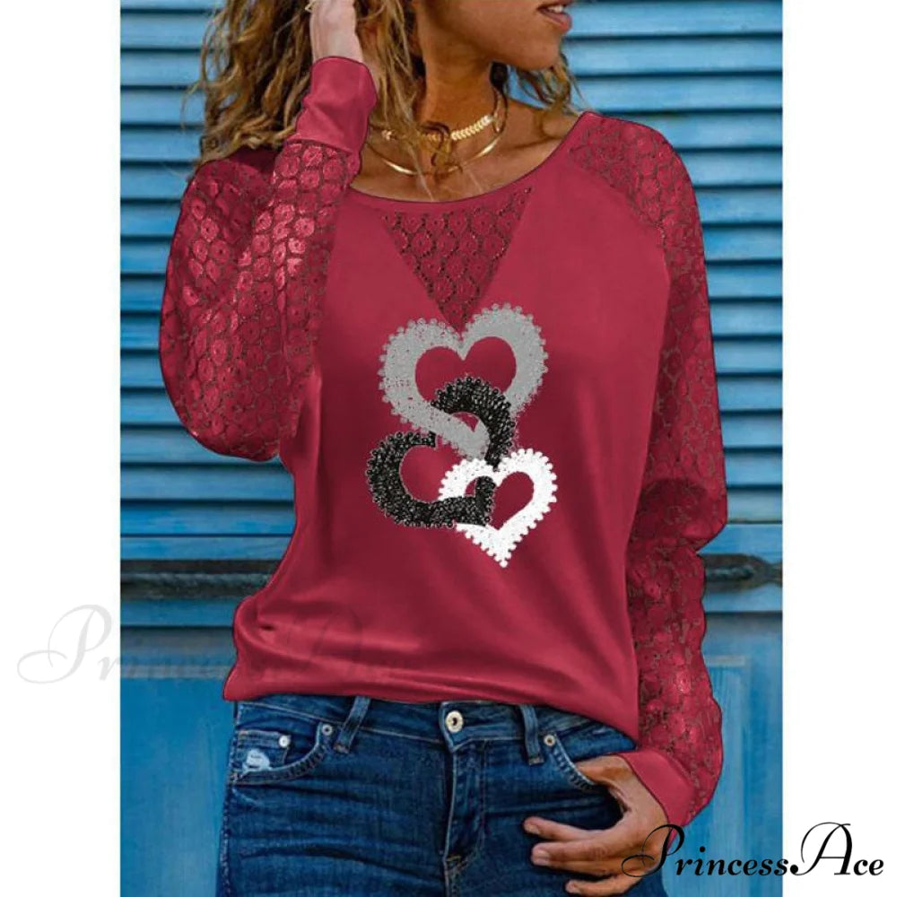 Love Printed Lace Long Sleeve Casual Tee Style6 / S