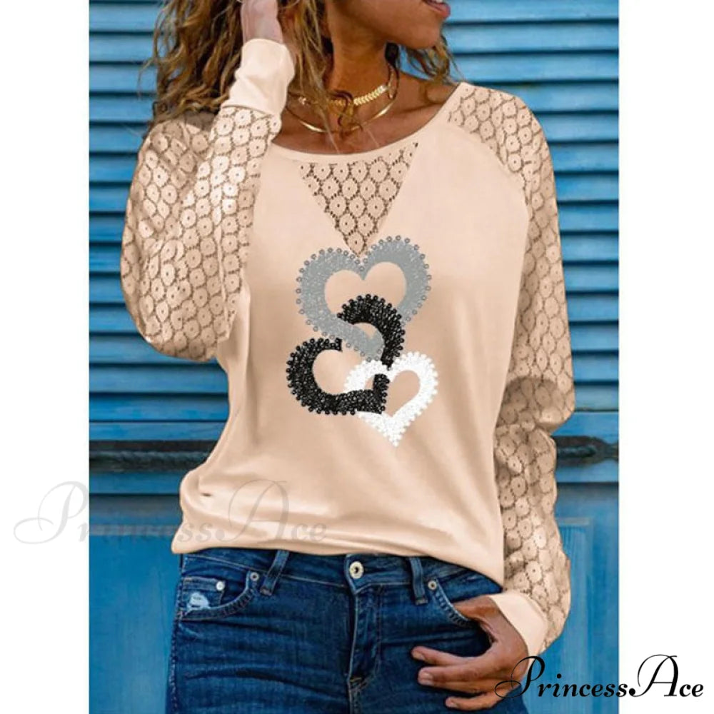 Love Printed Lace Long Sleeve Casual Tee Style7 / S