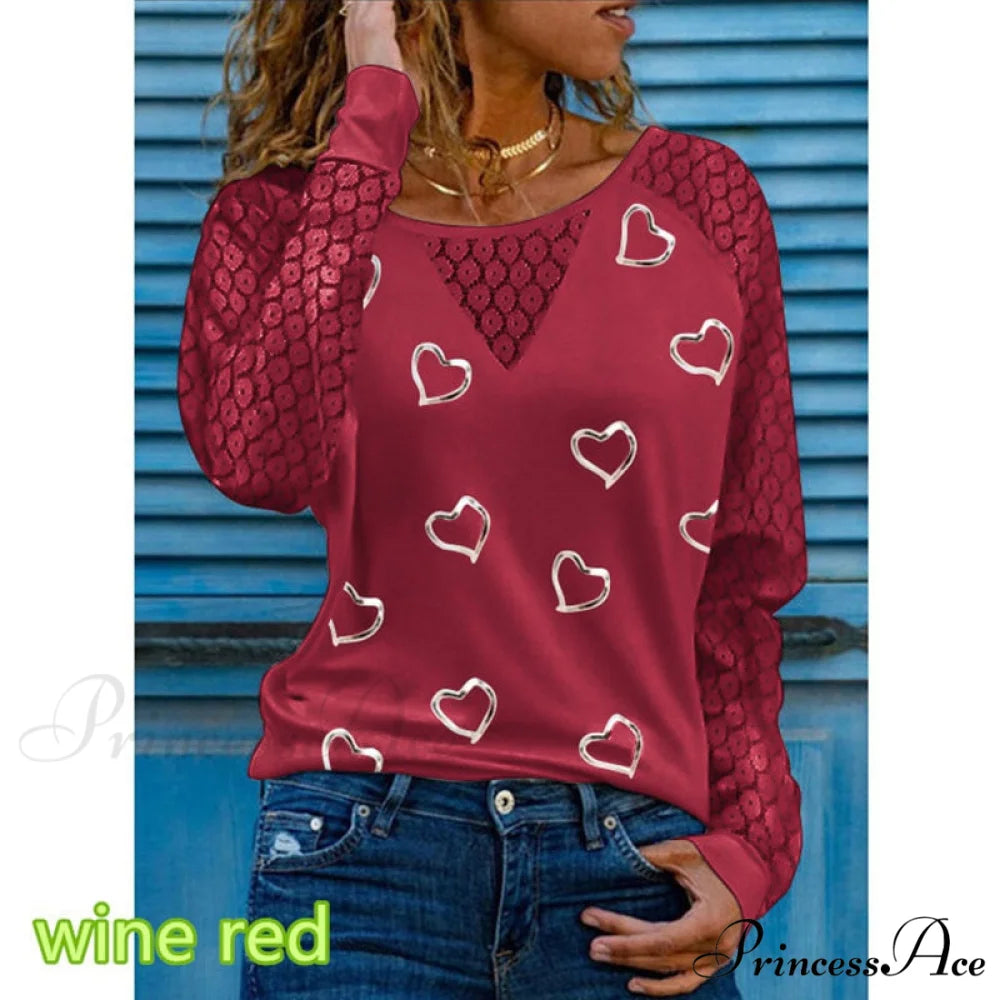 Love Printed Lace Long Sleeve Casual Tee Style9 / S
