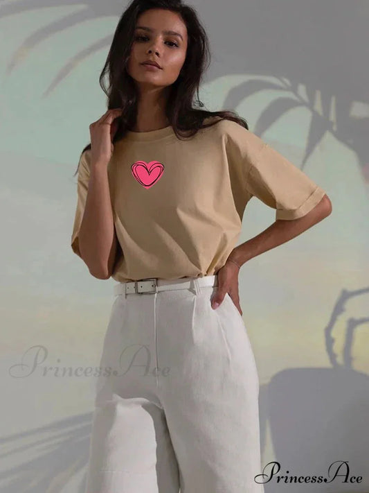 Love Printed Summer Cotton Plus Size Basic Women’s Tee T-shirt Beige / L