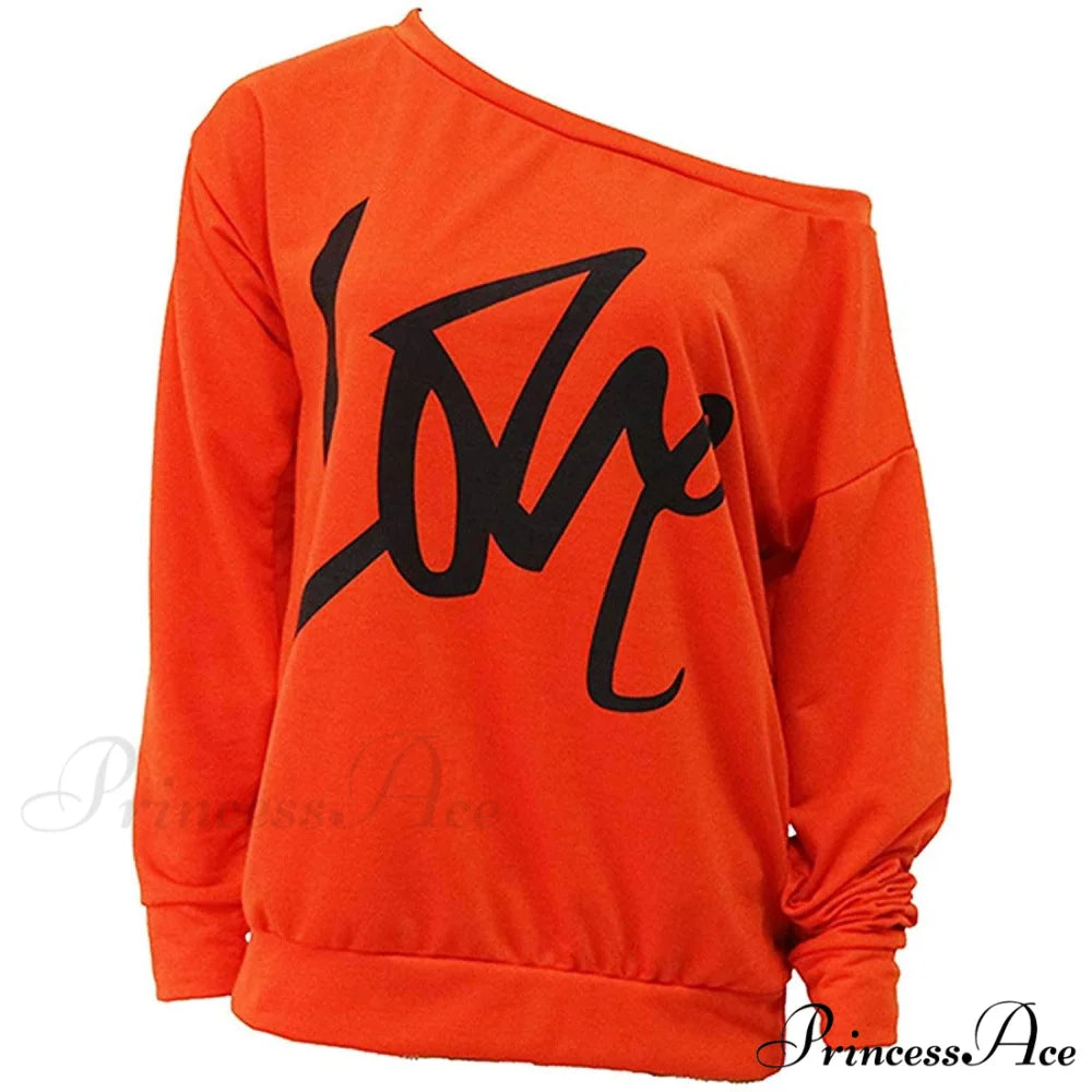 Love Tops Pullover for Patterned Off Slouchy Shoulder Sweatshirt Letter Women