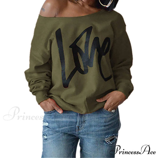 Love Tops Pullover for Patterned Off Slouchy Shoulder Sweatshirt Letter Women Army Green / S