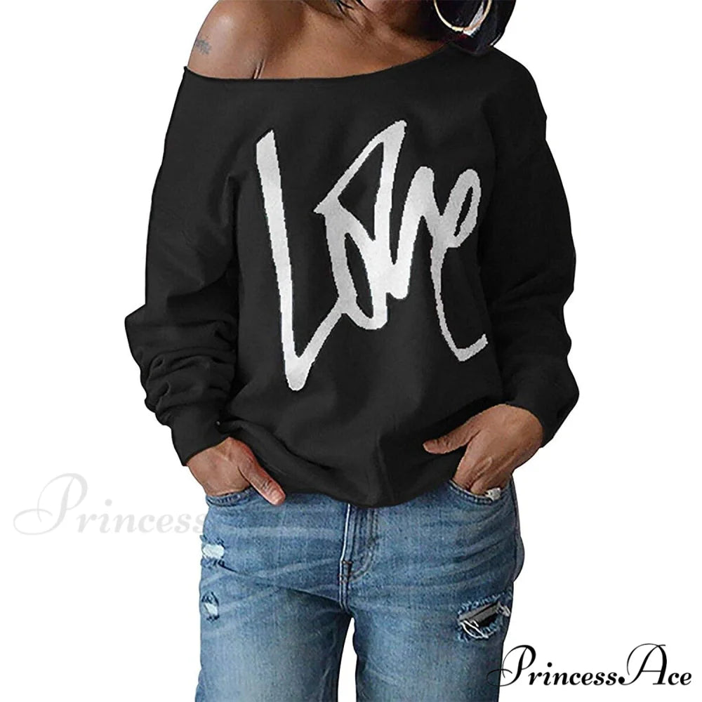 Love Tops Pullover for Patterned Off Slouchy Shoulder Sweatshirt Letter Women Black / S