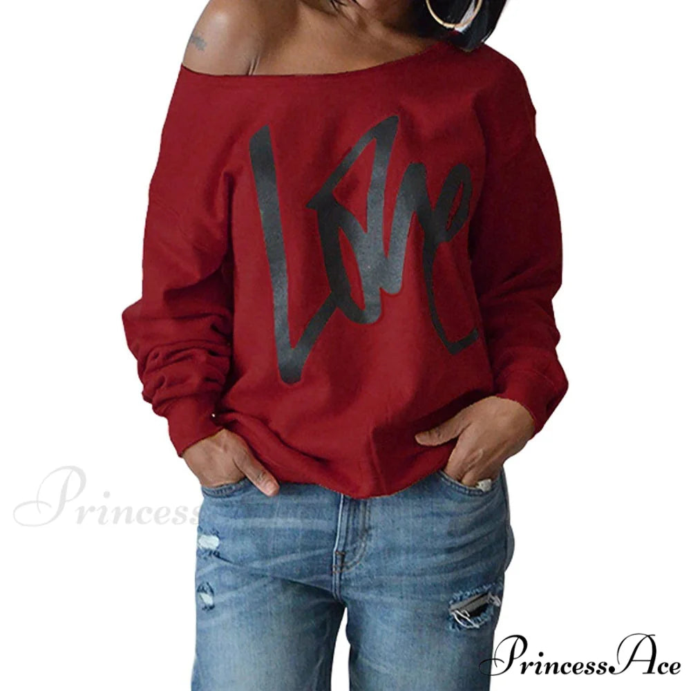 Love Tops Pullover for Patterned Off Slouchy Shoulder Sweatshirt Letter Women Burgundy / S