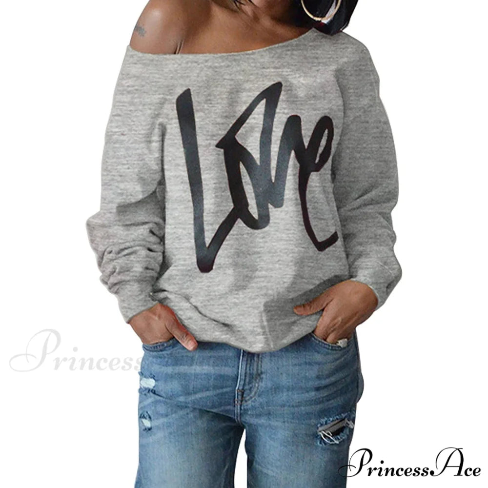 Love Tops Pullover for Patterned Off Slouchy Shoulder Sweatshirt Letter Women Gray / S