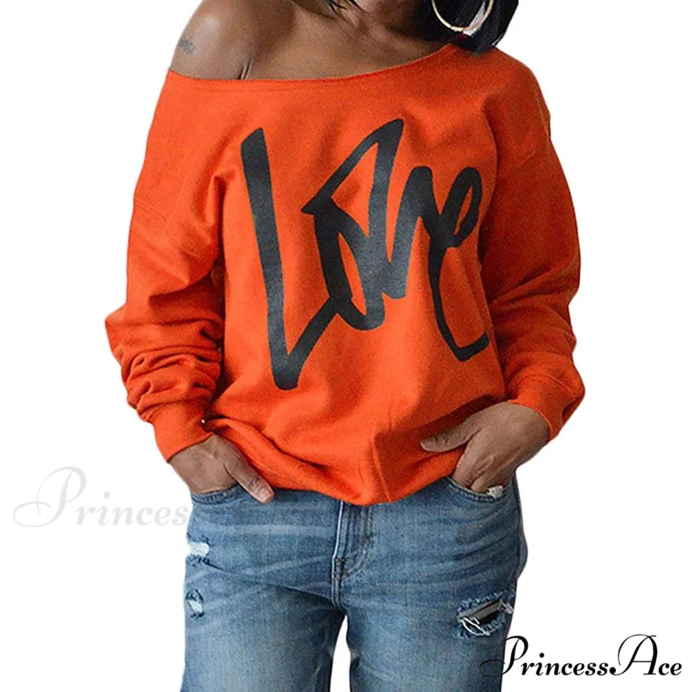 Love Tops Pullover for Patterned Off Slouchy Shoulder Sweatshirt Letter Women Orange / S