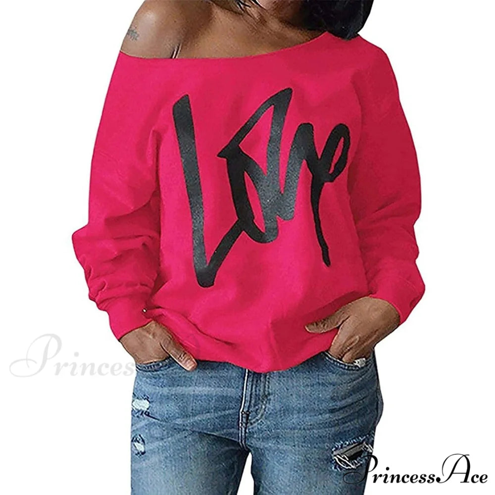 Love Tops Pullover for Patterned Off Slouchy Shoulder Sweatshirt Letter Women Rose Red / S