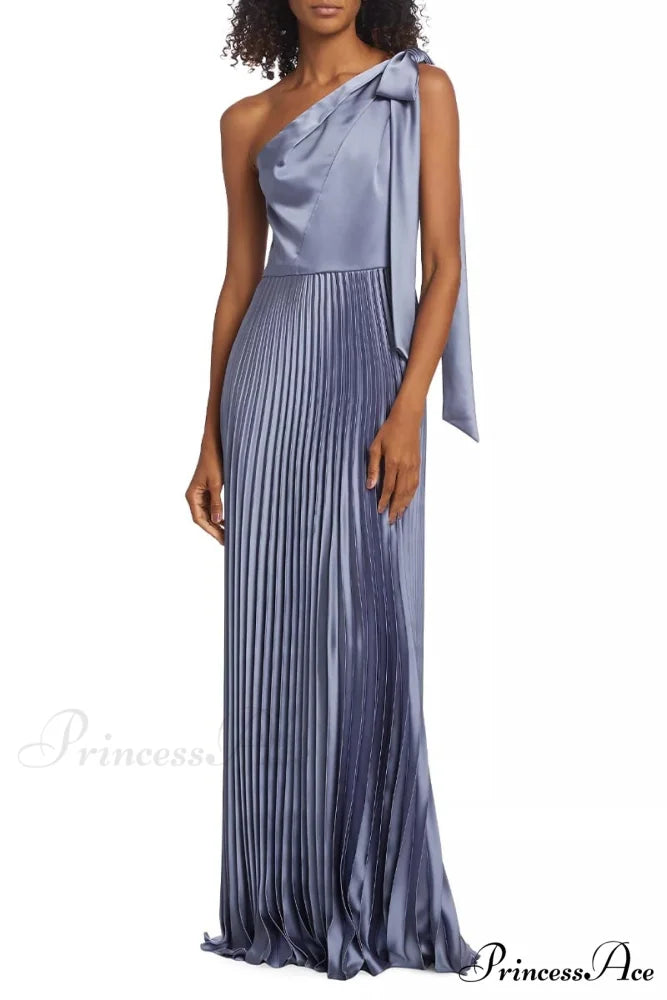 Lovely Evenings One-Shoulder Trendy Pleated Maxi Dress Slate / 2