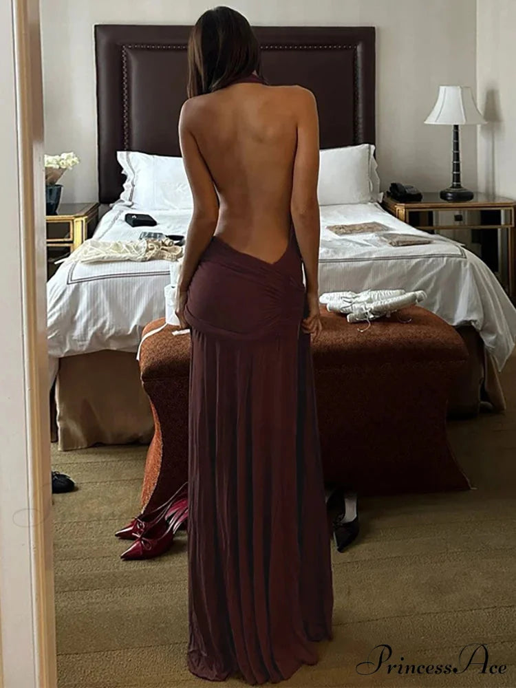 Low-cut Bandage Brown Holiday Dress vacationdress-250223