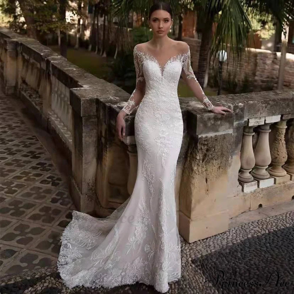 Low-cut V-Neck Extended Sleeve Marriage Gown lvory white / XS weddingdress-250223