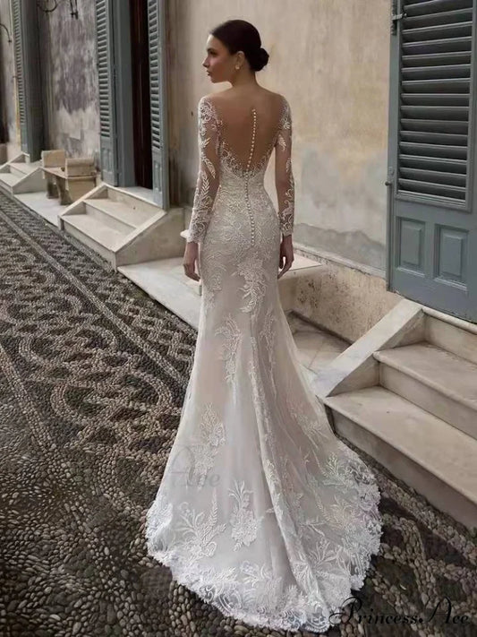 Low-cut V-Neck Extended Sleeve Marriage Gown weddingdress-250223