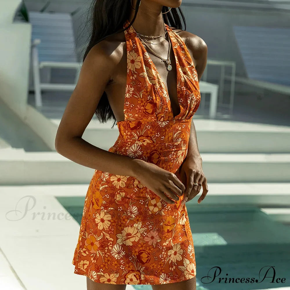 Low-cut V-Neck Flower Short Dress minidress-250223