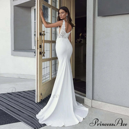 Low-cut V-Neck Mermaid Bridal Gown white / 2 weddingdress-250223