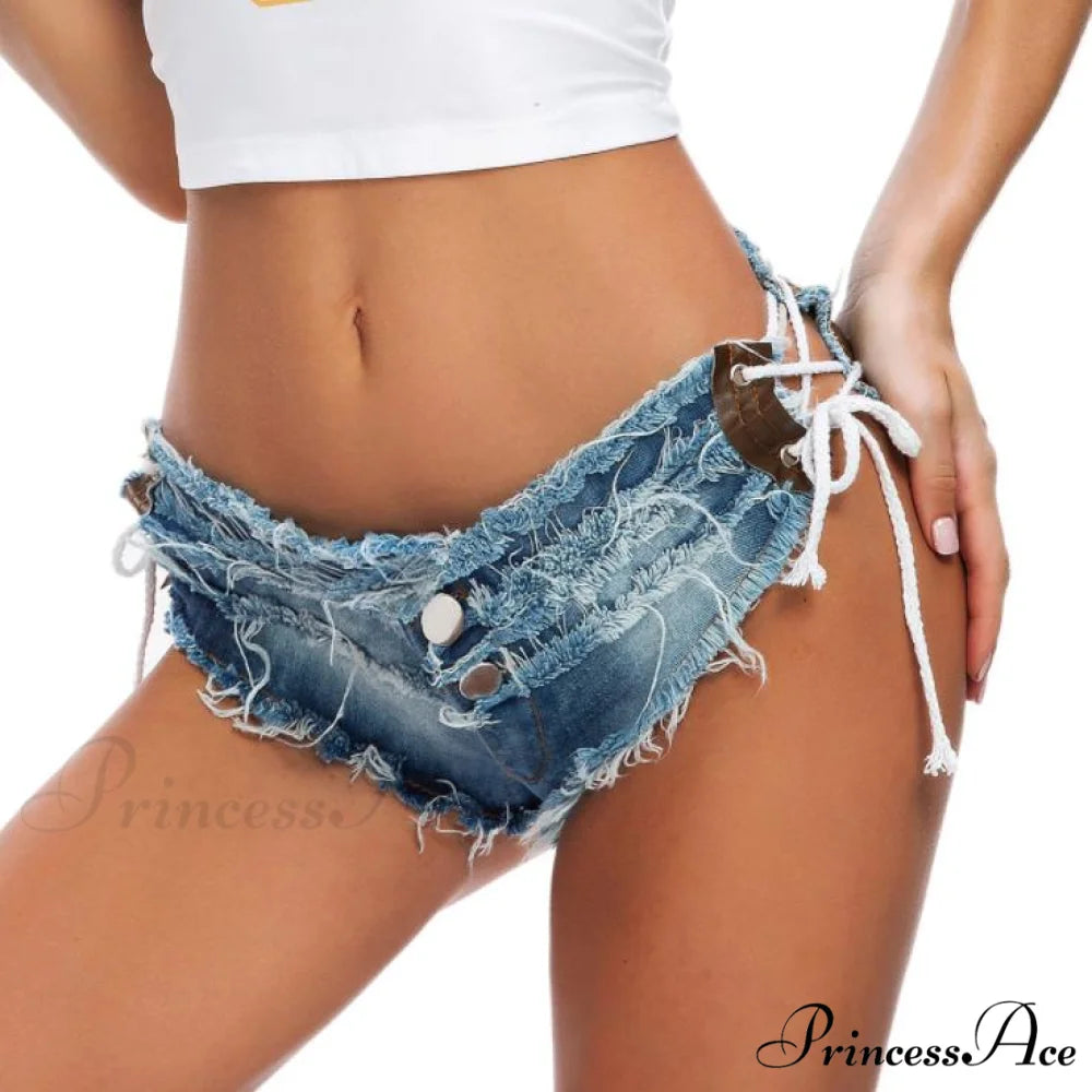 Low Denim Bandage Brief Hole Club Jeans Skinny DJ Blue Women Dance Waist Ripped Mini Shorts White Black 609 / S