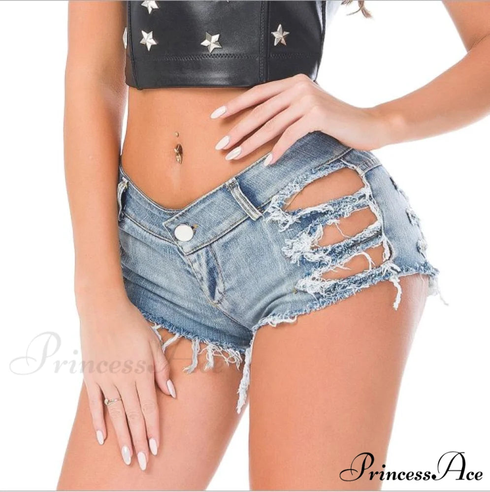 Low Denim Bandage Brief Hole Club Jeans Skinny DJ Blue Women Dance Waist Ripped Mini Shorts White Black 646 / S