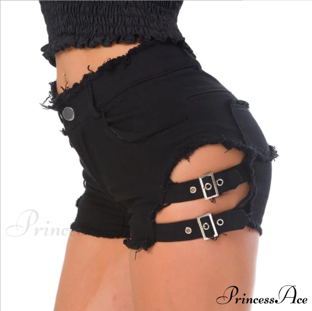 Low Denim Bandage Brief Hole Club Jeans Skinny DJ Blue Women Dance Waist Ripped Mini Shorts White Black 648-02 / S