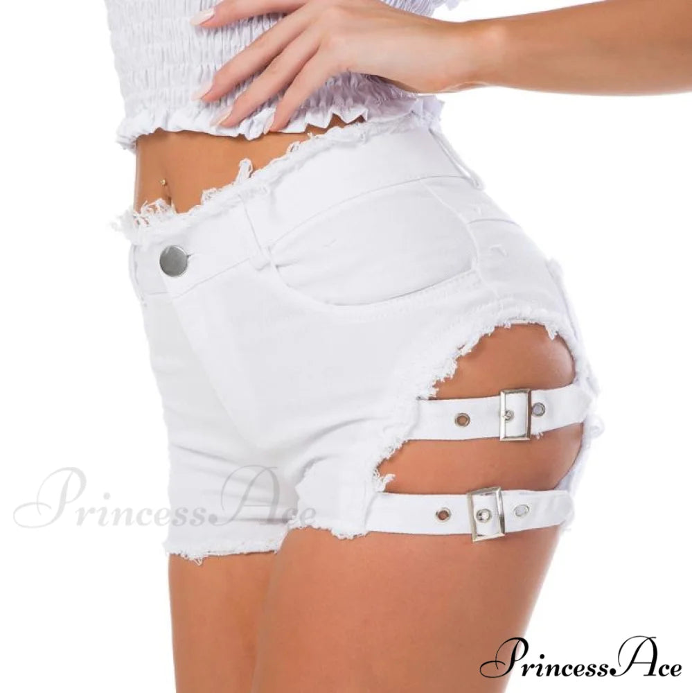 Low Denim Bandage Brief Hole Club Jeans Skinny DJ Blue Women Dance Waist Ripped Mini Shorts White Black 648-03 / S