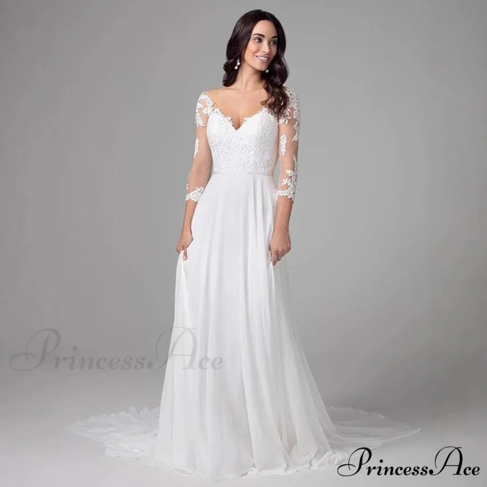 Low Plunging Neckline Extended Sleeve Nighttime Marriage Gown lvory white / 2 weddingdress-250223