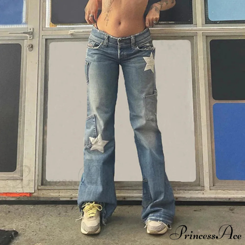 Low Rise Flared Retro Star Print Pockets Distressed Burr Y2K Streetwear Denim Jean Blue / S