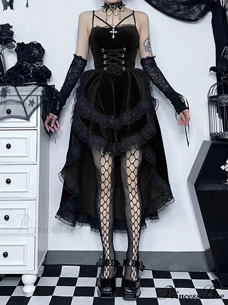 Low Swing Cocktail Party Vintage Goth Lace Smocked Elastic Waist Pleated Flowy Bodycon Dress Black / S