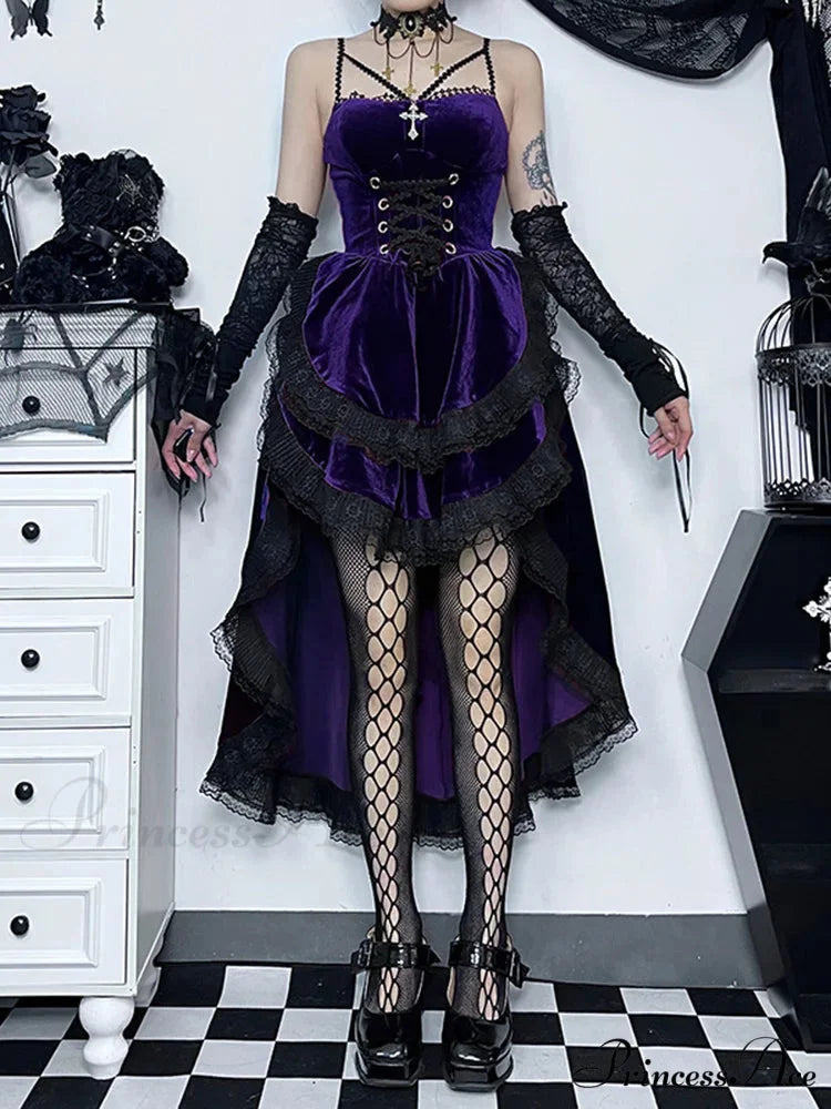 Low Swing Cocktail Party Vintage Goth Lace Smocked Elastic Waist Pleated Flowy Bodycon Dress Blue Purple / S