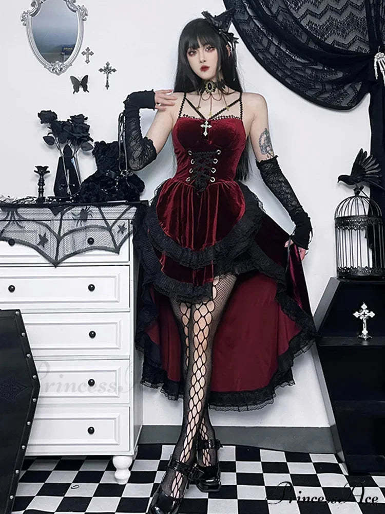 Low Swing Cocktail Party Vintage Goth Lace Smocked Elastic Waist Pleated Flowy Bodycon Dress Red / S