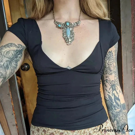 Low V Neck Short Top black / S croptop-250223