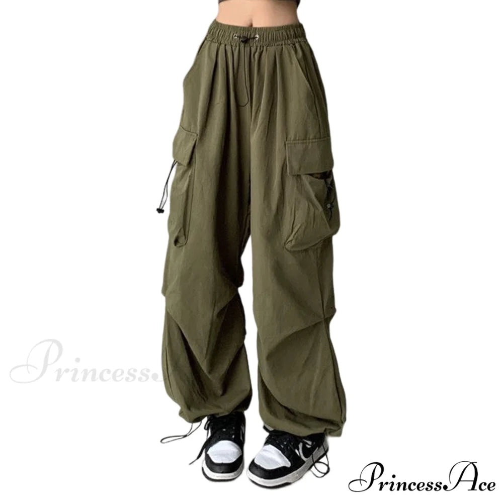 Low Waist Loose Sweatpants Vintage Parachute Pants Army Green / S