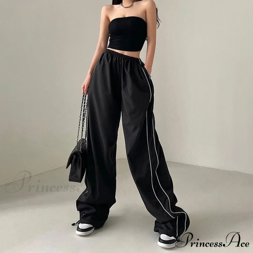 Low Waist Loose Sweatpants Vintage Parachute Pants Black / S