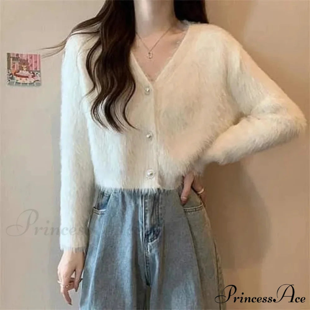 Luminous Sleeve V-Neck Monochrome Button-Up Knit Cardigan Coat Beige / S cardiagn-250126