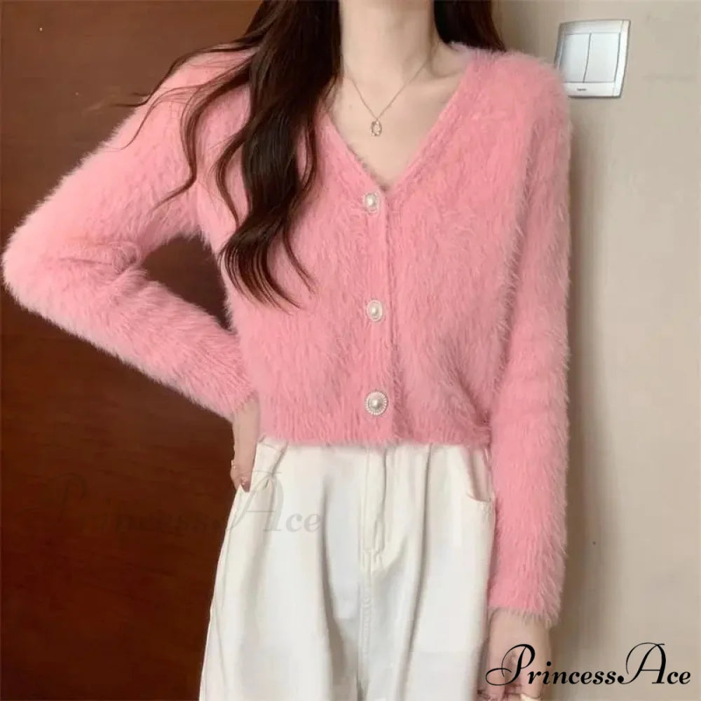 Luminous Sleeve V-Neck Monochrome Button-Up Knit Cardigan Coat Pink / S cardiagn-250126