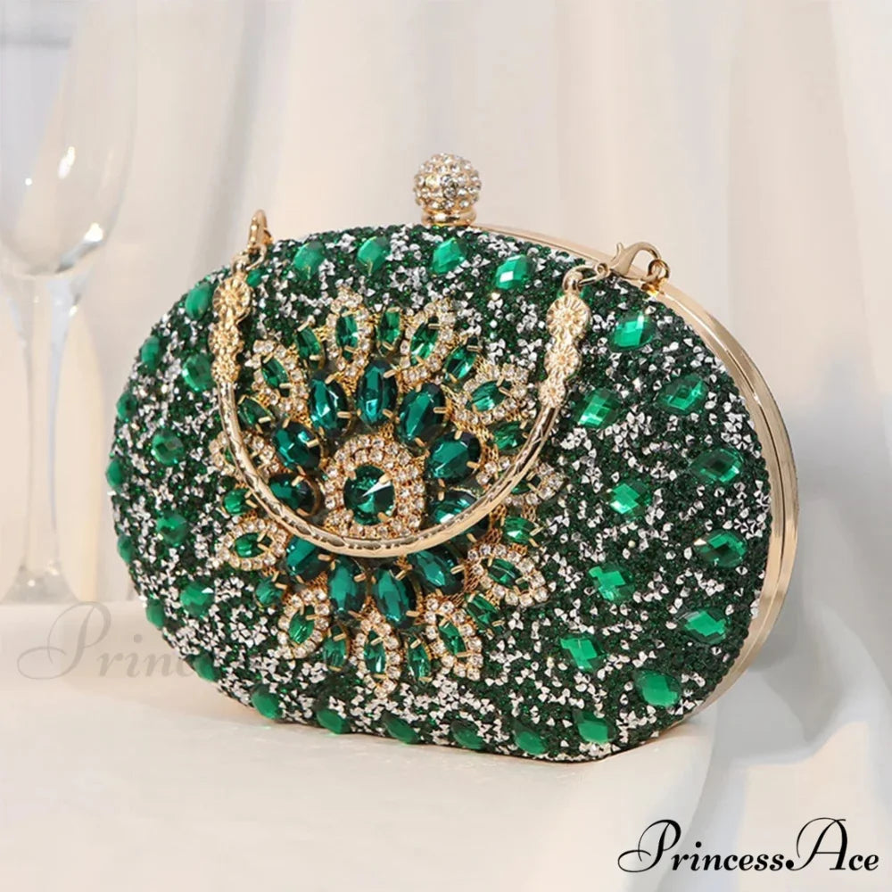 Luxurious Sparkling Crystal Clutch Evening Wedding Party Purse Green clutchbag-250126