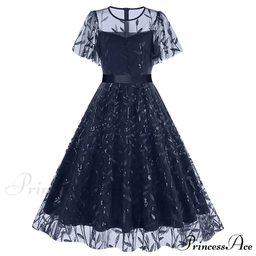 Luxury Deep V-Neck High-Waisted Lace-Up Formal Cocktail Evening Dress Navy / S