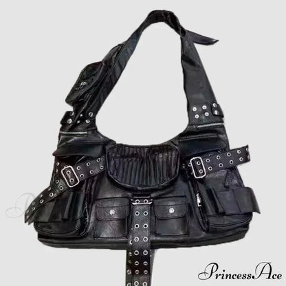 Luxury Designer Multiple Pockets Rivet Wide Strap Knot Shoulder Moto Bag